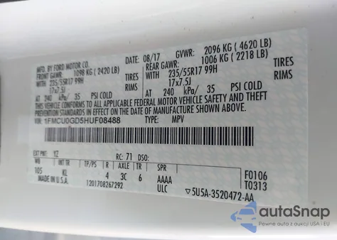 2017 Ford Escape Se z USA, uszkodzony, nr VIN 1FMCU0GD5HUF08488